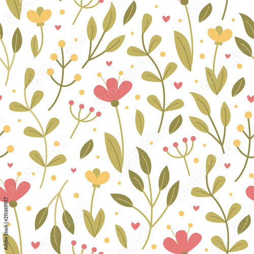 5696783 Floral seamless pattern. Flowers, foliage and berry. Great for fashion, cards, invitations, textile. Vector illustration.