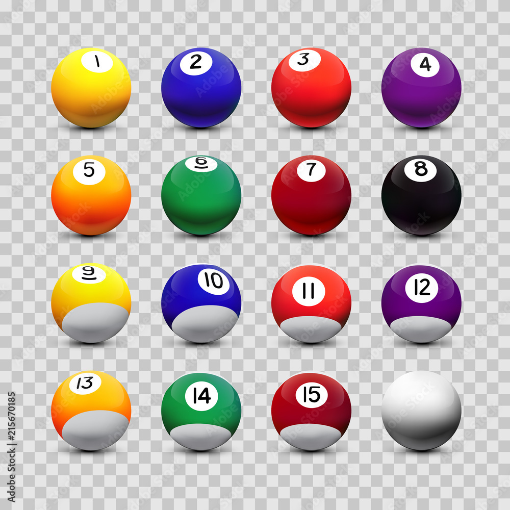 Assorted billiard balls isolated on transparent background. Vector design elements. Assorted billiard balls isolated on transparent background. Vector design elements.