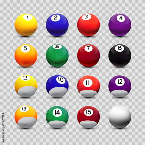 Assorted billiard balls isolated on transparent background. Vector design elements.