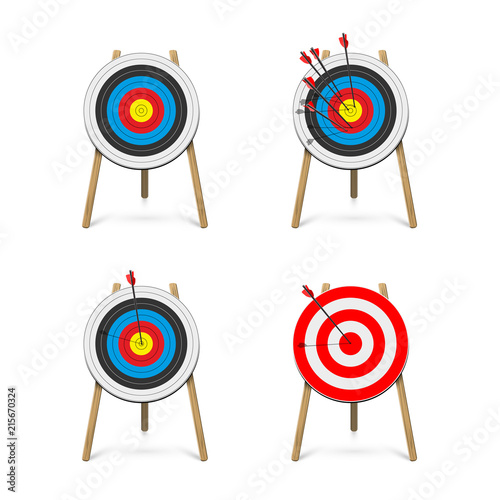 Set of archery target stands with arrows. Vector illustration.