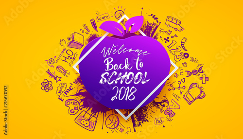 Back to school Horizontal banner with hand drawn Education doodles pattern. Logo on apple and ink splash background. School concept ideas and symbols background. Vector frame illustration. Purple