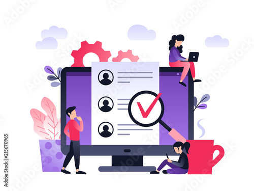 Human Resources, Recruitment Concept for web page, banner, presentation, social media, documents, cards, posters. Vector ultra violet illustration with group of small people on desk.