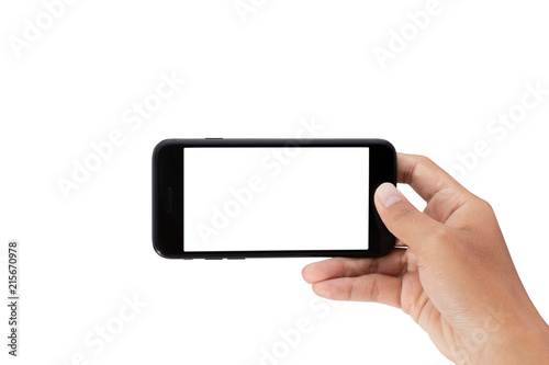 hand holding smartphone isolated on white background - clipping paths