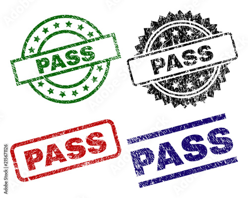 PASS seal prints with corroded surface. Black, green,red,blue vector rubber prints of PASS tag with unclean surface. Rubber seals with round, rectangle, medal shapes.