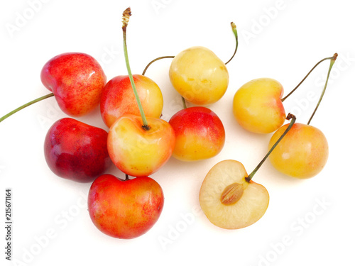 Fototapeta Naklejka Na Ścianę i Meble -  Sweet and healthy Rainier cherries on white background, fresh fruits