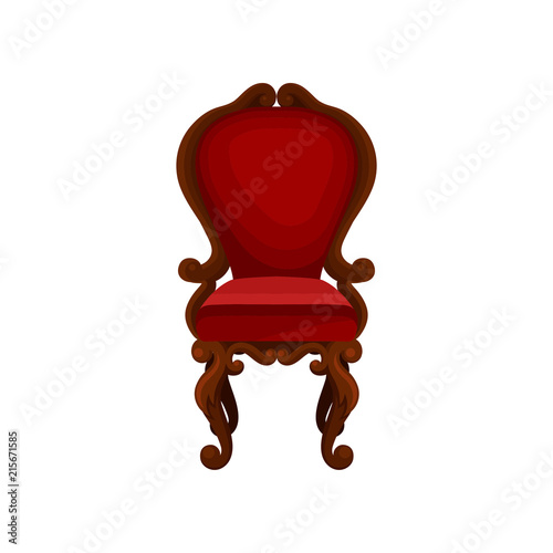 Luxury armchair for home interior. Wooden chair with red velvet trim. Antique furniture for dining room. Flat vector icon