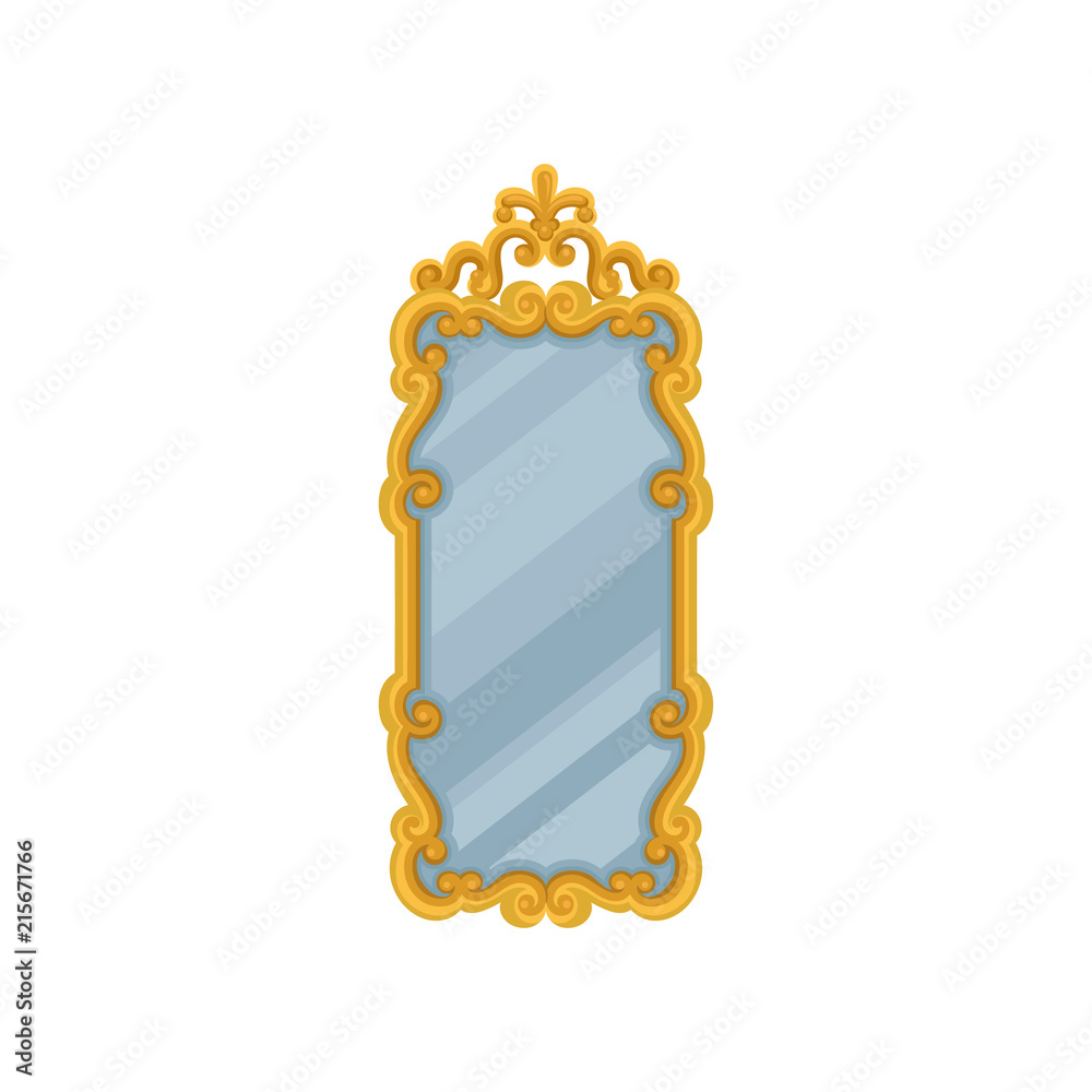 Large rectangular wall mirror with golden ornate frame. Flat vector element for home interior - obrazy, fototapety, plakaty 