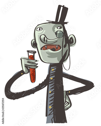 Cute pensive vampire drinks blood. Comic character. Vector illustration