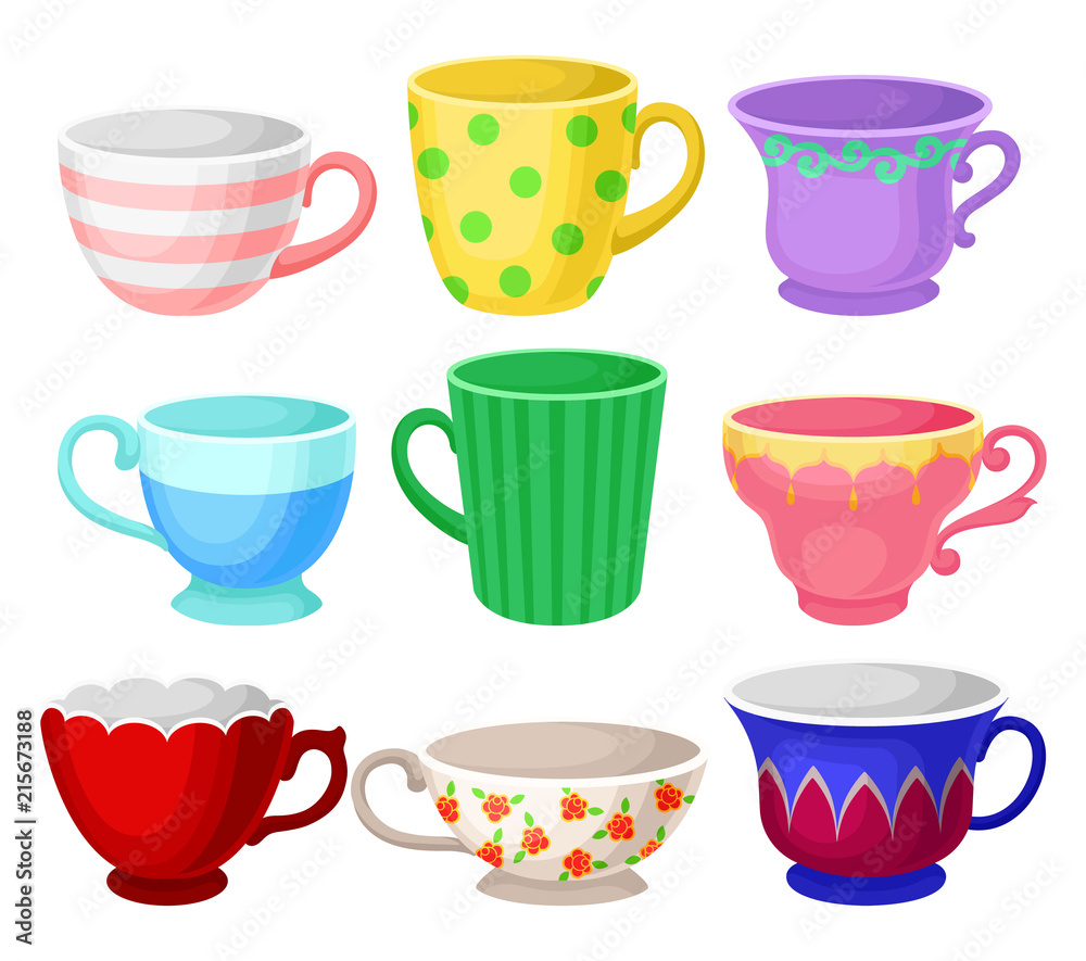 4 colorful realistic cups. Vector red, yellow, blue, green cups on white  background Stock Vector