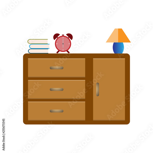 Book, alarm clock and lamp on wooden cabinet for interior in livingroom - Vector illustration © nuruddean