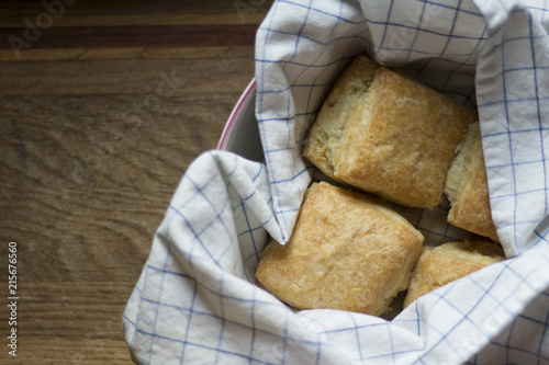 American Biscuits in a Kitchen Towel and Bowl