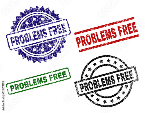 PROBLEMS FREE seal stamps with corroded texture. Black, green,red,blue vector rubber prints of PROBLEMS FREE title with corroded texture. Rubber seals with circle, rectangle, medal shapes.