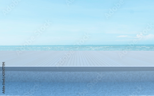 Perspective of sea view from wood deck and swimming pool on blue clear sky background,Idea of family vacation. 3D rendering. © nuchao