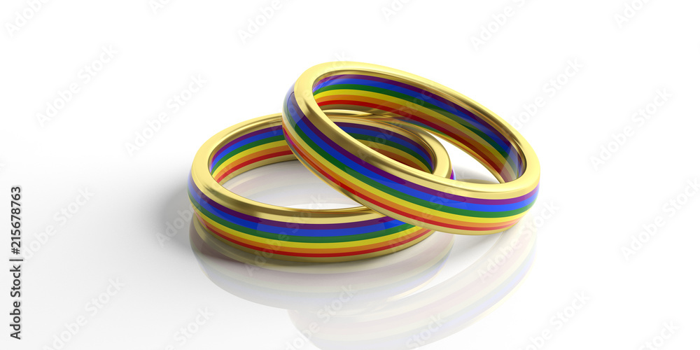 Pair of golden rainbow colors wedding rings isolated on white background, closeup view, 3d illustration Pair of golden rainbow colors wedding rings isolated on white background, closeup view, 3d illustration