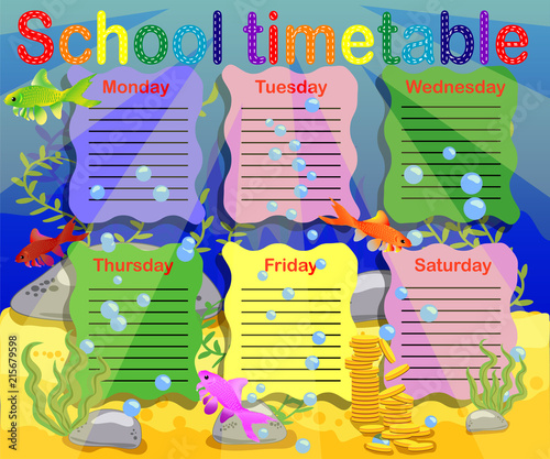 Design of the school timetable for kids. Bright underwater background for the planning of the school week photo