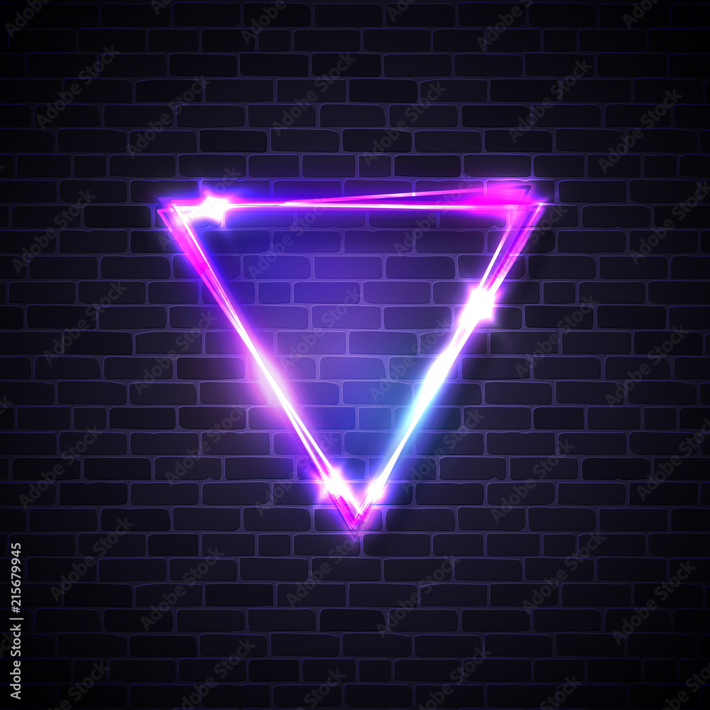 Inverted triangle border with light effects on brick texture wall. Neon  sign with blank space for text. Electricity led triangle background.  Electric vector illustration for your business presentation  Stock-Vektorgrafik