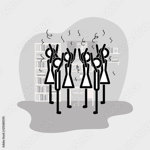 group of women in the office linear figures vector illustration design