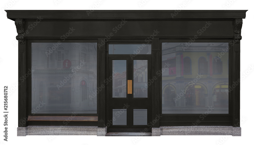Schaufenster mit schwarzem Holz eingerahmt und freigestellt auf weißem Hintergrund