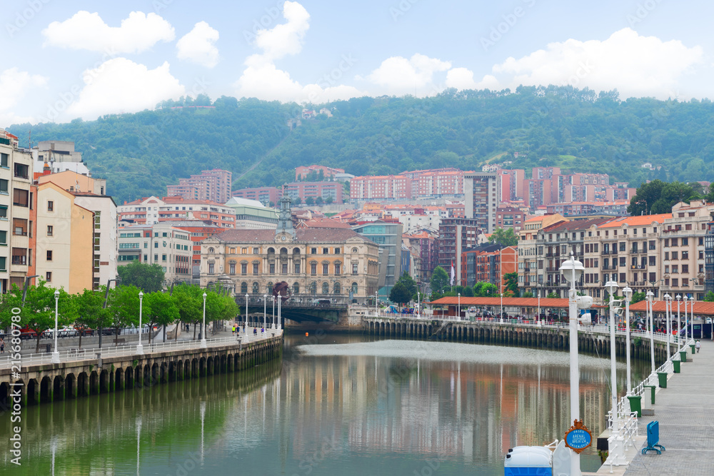 view of old town of Bilbao with river Nervion embankmnt, Spain