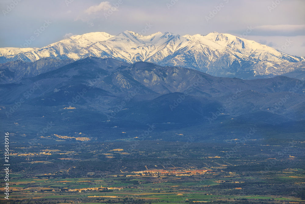 Snowed peak of Canigou mountains from Verdera Castle, Spain