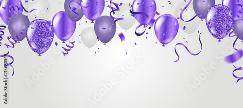 Stock vector illustration party flying purple realistic balloons purple . Defocused macro effect. Templates for placards, banners