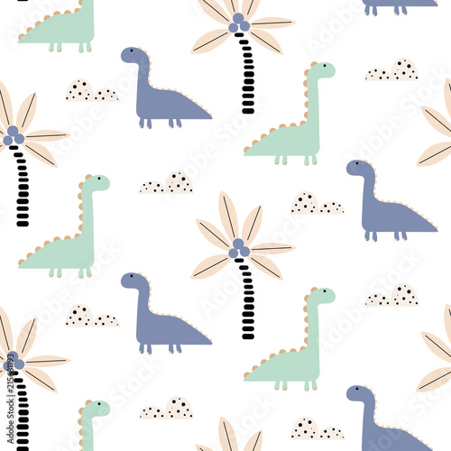 Cute baby boy dino forest seamless vector pattern.