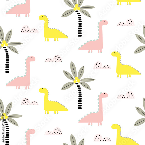 Dinosaurs and palms cute baby seamless vector pattern. photo