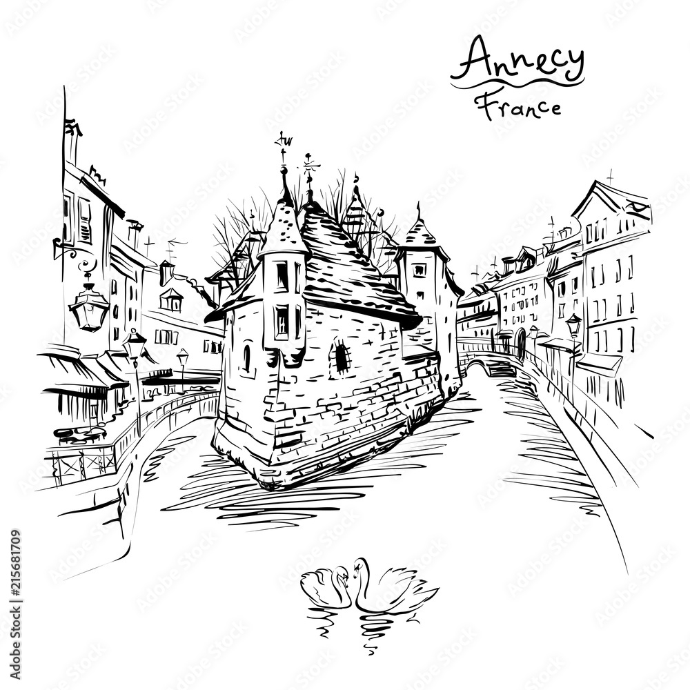 Vector black and white drawing, city view of the Palais de l'Isle and Thiou river in old city of Annecy, Venice of the Alps, France.