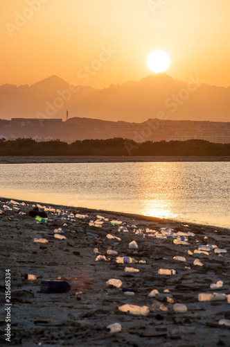 Trash beach of the big city. Empty used dirty plastic bottles. Dirty sea sandy coast of the Red Sea. Environmental pollution. Ecological problem. © shangarey