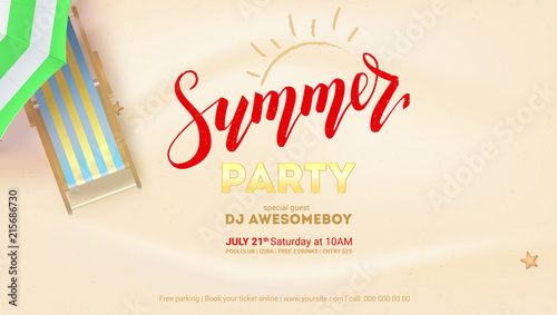 Summer party on seascape seashore with sandy beach. Advertising on sandy beach. Vector poster with sun umbrella, deck chair. Cover, invitation on summer party with design of text.