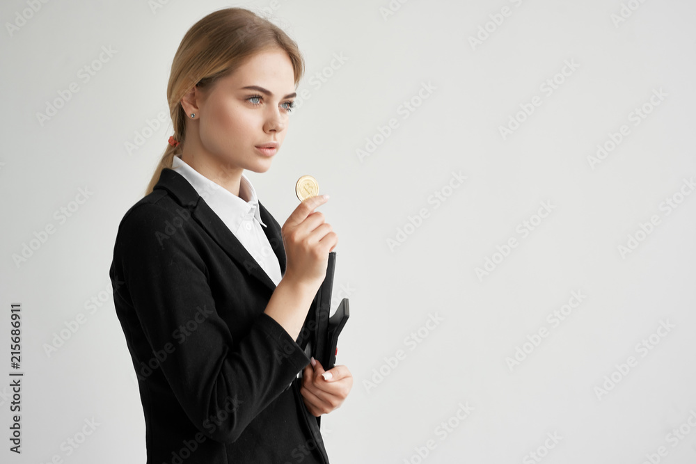 business woman holds in her hand bitcoin finance economy business woman holds in her hand bitcoin finance economy