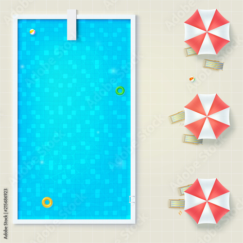 Outdoor pool with inflatable water toys, sun umbrellas and deck chairs, flat lay position. Air mattress, beach ball, rubber circle. Blue water and diving board in swimming pool, top view