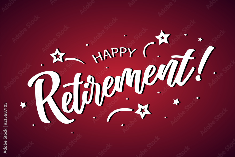Happy Retirement lettering card, banner. Beautiful greeting scratched calligraphy white text word stars. Hand drawn invitation print design. Handwritten modern brush red background isolated vector