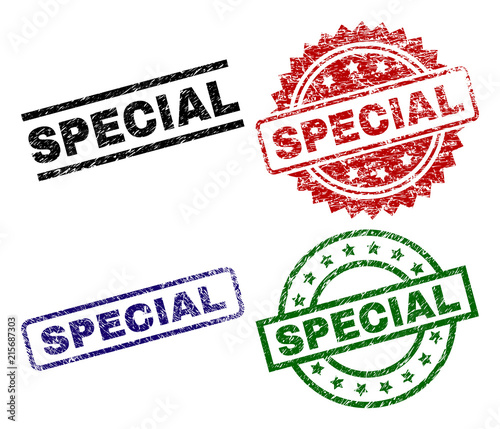 SPECIAL seal prints with distress texture. Black, green,red,blue vector rubber prints of SPECIAL text with unclean texture. Rubber seals with circle, rectangle, rosette shapes.