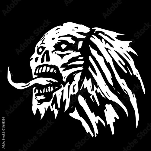 Terrible demon head with tongue hanging out. Vector illustration.