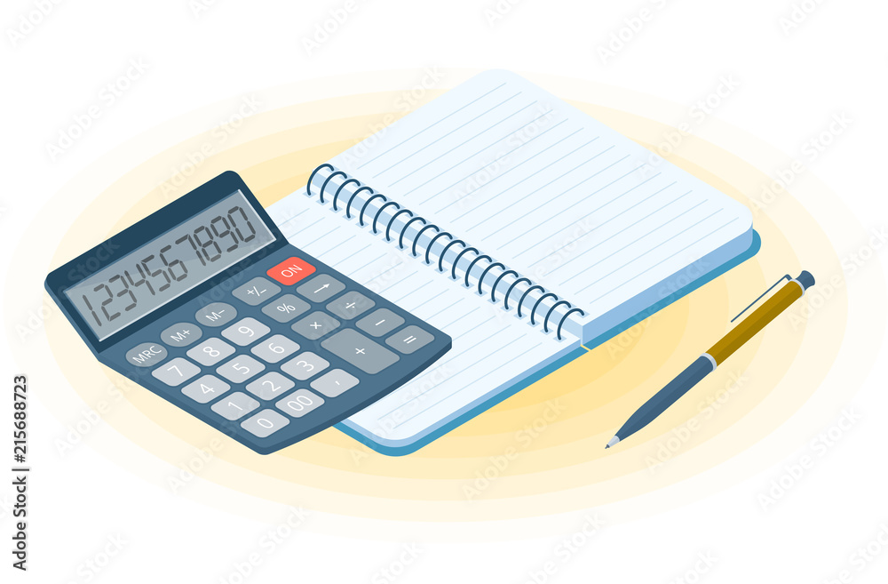 Flat vector isometric illustration of opened notebook, pen, electronic calculator. Office and business workplace concept: paper notepad and accounting calculator. School, education workspace supplies. Flat vector isometric illustration of opened notebook, pen, electronic calculator. Office and business workplace concept: paper notepad and accounting calculator. School, education workspace supplies.