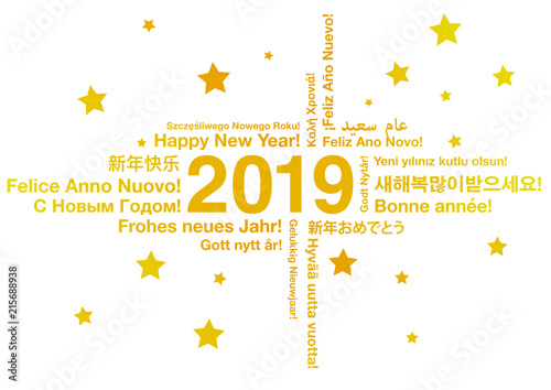 Happy New Year 2019 in different languages greeting card concept