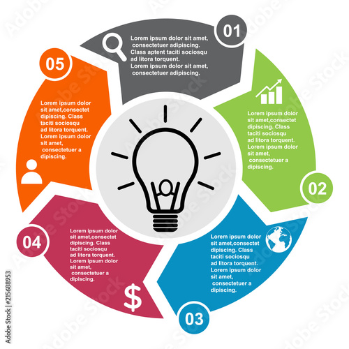 5 step vector element in five colors with labels, infographic diagram. Business concept of 5 steps or options with bulb