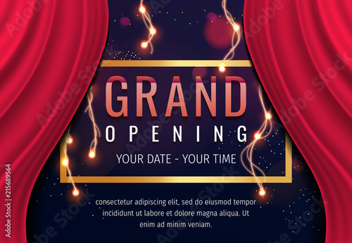 Grand opening invitation concept. Celebration design. Gold glitter letters on abstract background with light effect and bokeh.