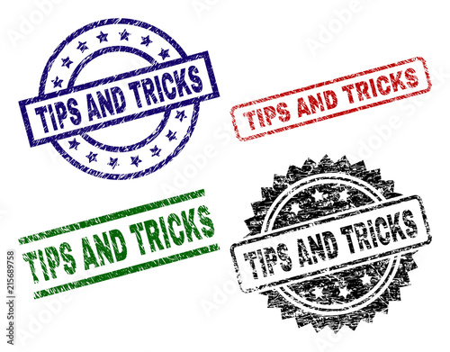 TIPS AND TRICKS seal prints with damaged surface. Black, green,red,blue vector rubber prints of TIPS AND TRICKS text with unclean surface. Rubber seals with circle, rectangle, medallion shapes.