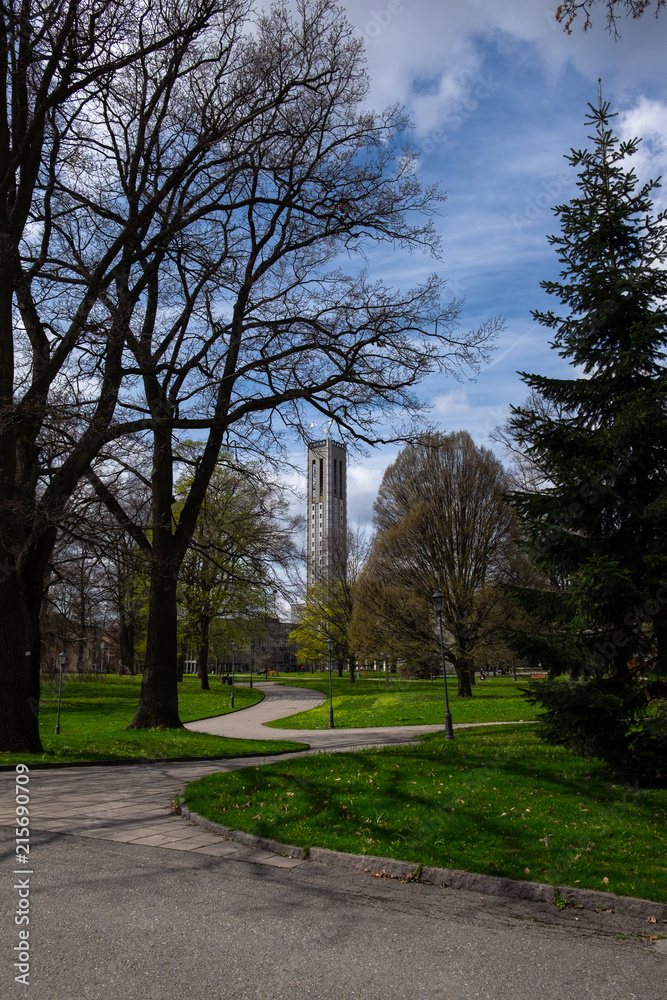 Vasaparken - a park in the center of Vasteras, Sweden, on a sunny spring day with the tower of the City Hall in the background. A path is weaving among the trees to the City Hall. 