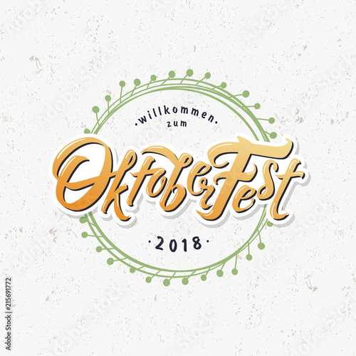 Oktoberfest logotype. Beer Festival vector banner. Illustration of Bavarian festival design on textured background with floral wreath. German yellow Lettering typography for poster, card, postcard photo