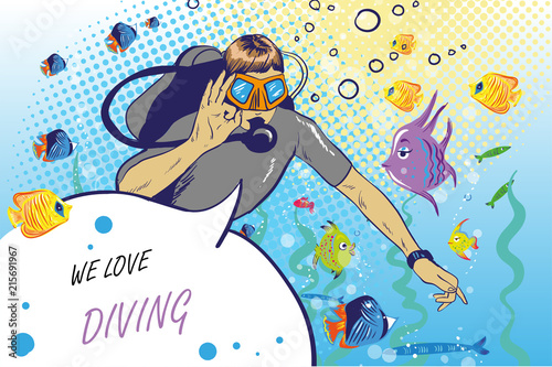 Vector illustration of diver showing ok hand sign. Swimming underwater with funny fishes man in scuba diving equipment in retro pop art comic style.