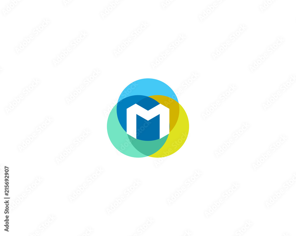 Letter M logo design. Colorful circles overlay icon logotype. Letter M logo design. Colorful circles overlay icon logotype.