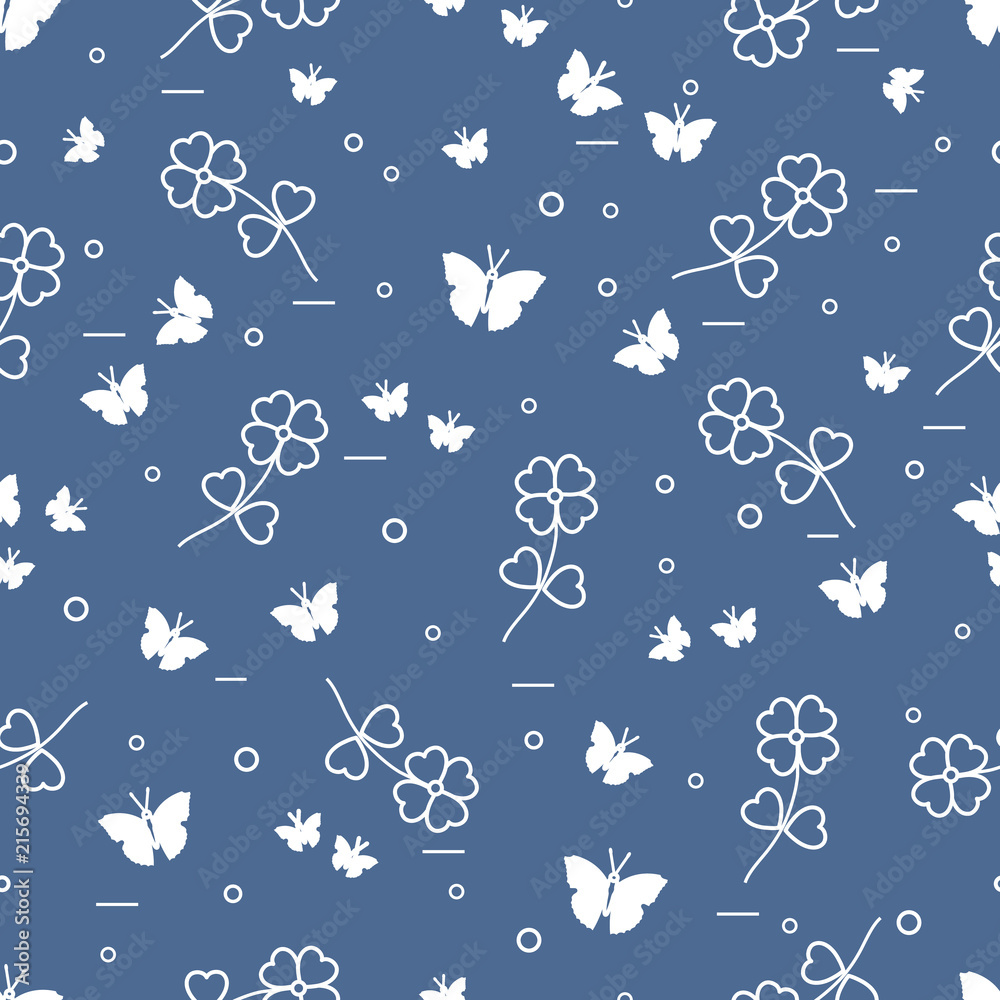 Seamless pattern with shamrock and butterflies.