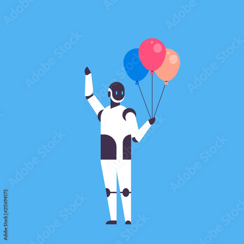 Modern robot holding balloons celebrating event helper bot artificial intelligence technology concept blue background flat vector illustration