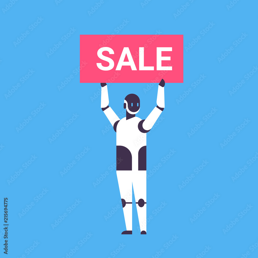 robot holding sale discount board bot helper shopping season concept artificial intelligence blue background flat full length vector illustration robot holding sale discount board bot helper shopping season concept artificial intelligence blue background flat full length vector illustration