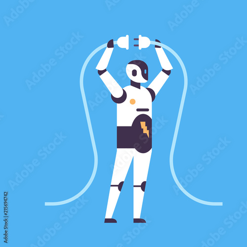 robot ready to connect inserting electrical plug in socket huge wired bot helper charging concept artificial intelligence blue background flat full length vector illustration