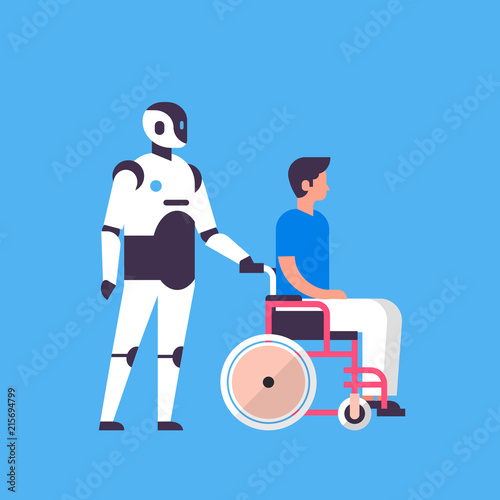 bot helper hold man wheelchare medical care personal assistant chat bubble communication robot character artificial intelligence concept blue background flat full length vector illustration