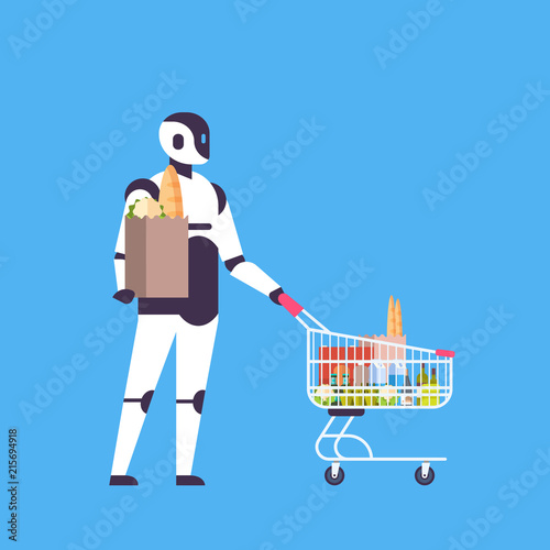 robot holding shopping cart house bot helper concept artificial intelligence blue background flat full length vector illustration